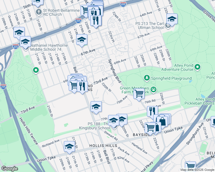 map of restaurants, bars, coffee shops, grocery stores, and more near 73-23 220th Street in Queens