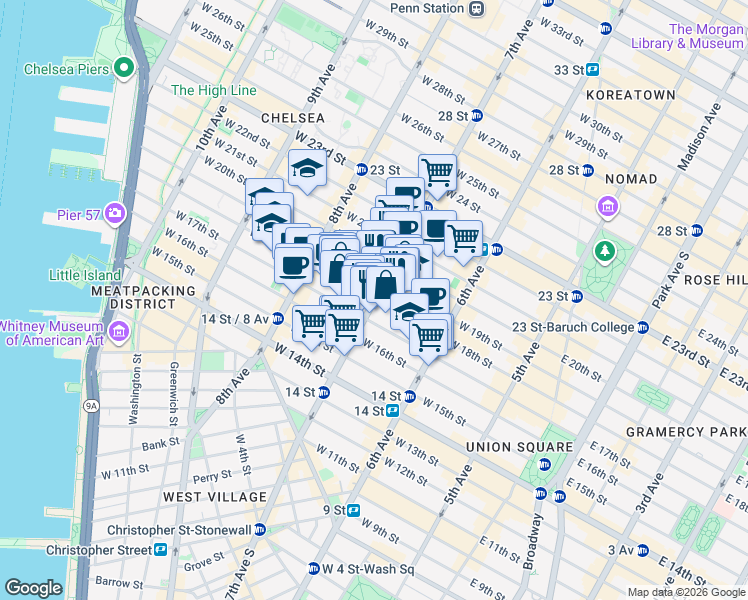 map of restaurants, bars, coffee shops, grocery stores, and more near in New York