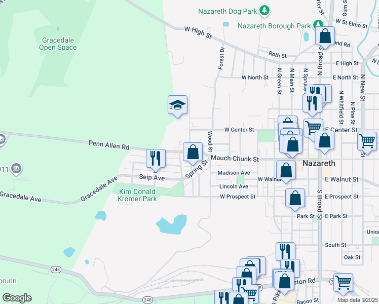map of restaurants, bars, coffee shops, grocery stores, and more near 411 Mauch Chunk Street in Nazareth