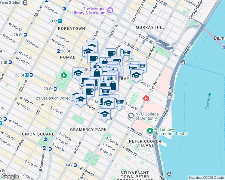 map of restaurants, bars, coffee shops, grocery stores, and more near 200 East 27th Street in New York