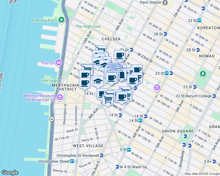 map of restaurants, bars, coffee shops, grocery stores, and more near 8th Ave & W 16th St in New York