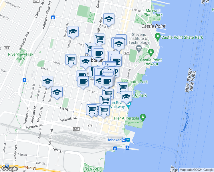 map of restaurants, bars, coffee shops, grocery stores, and more near 333 Bloomfield Street in Hoboken