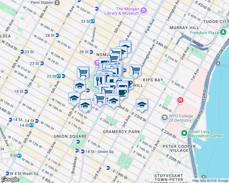 map of restaurants, bars, coffee shops, grocery stores, and more near 340 Park Avenue South in New York