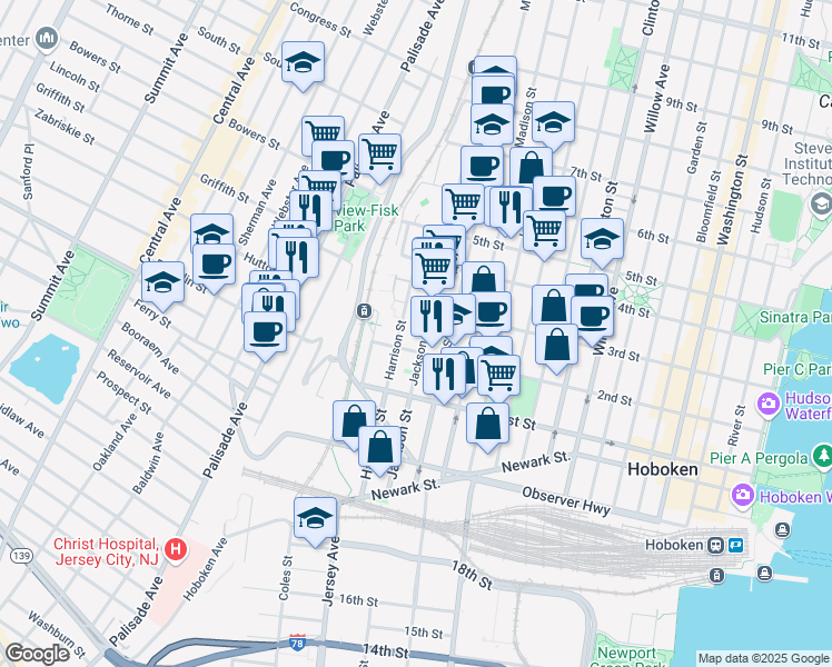 map of restaurants, bars, coffee shops, grocery stores, and more near 210 Harrison Street in Hoboken