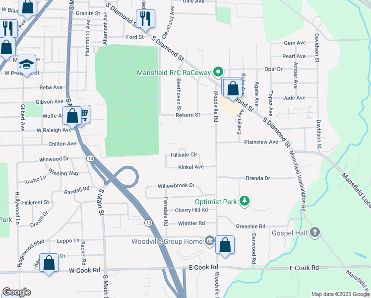map of restaurants, bars, coffee shops, grocery stores, and more near 285 Joy Road in Mansfield