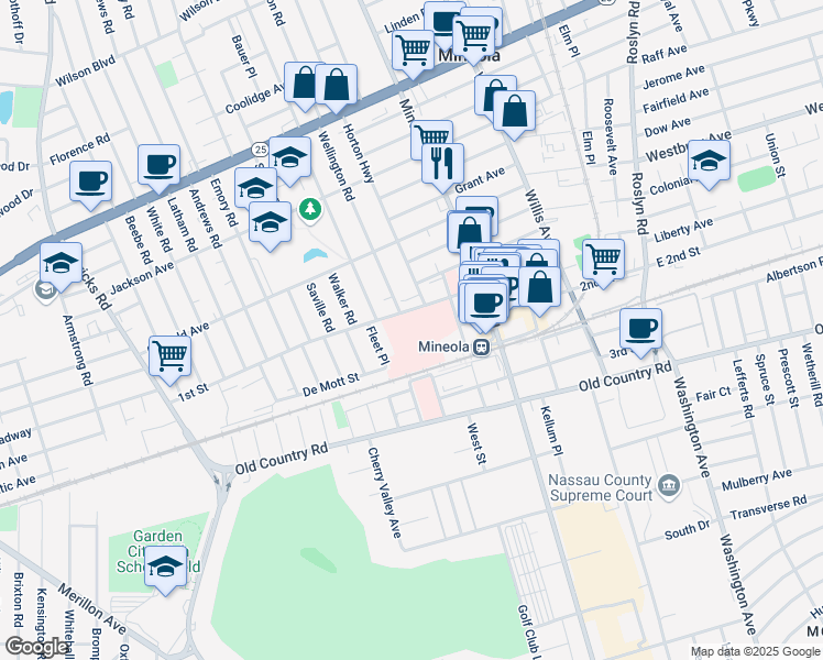 map of restaurants, bars, coffee shops, grocery stores, and more near 259 1st Street in Mineola