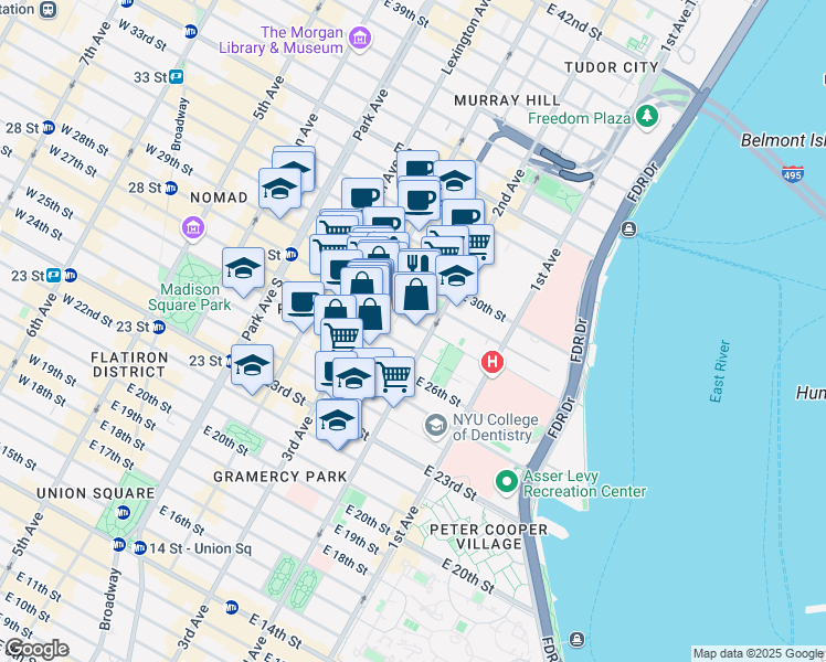 map of restaurants, bars, coffee shops, grocery stores, and more near 216 East 28th Street in New York