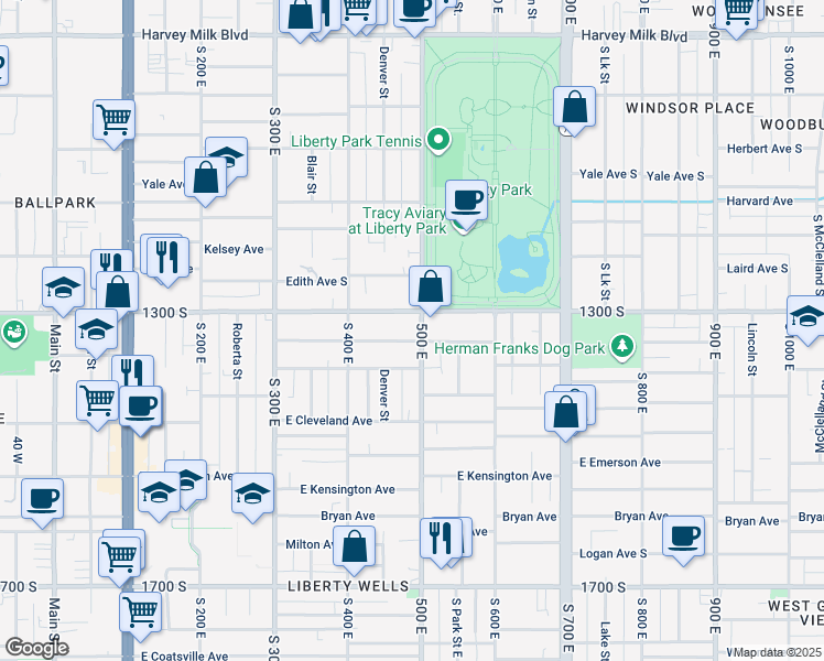 map of restaurants, bars, coffee shops, grocery stores, and more near 464 East 1300 South in Salt Lake City