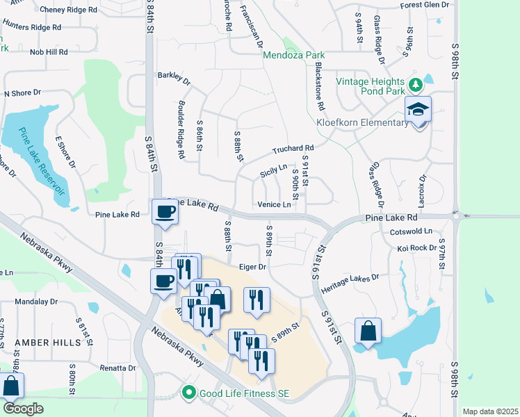 map of restaurants, bars, coffee shops, grocery stores, and more near 8815 Venice Lane in Lincoln