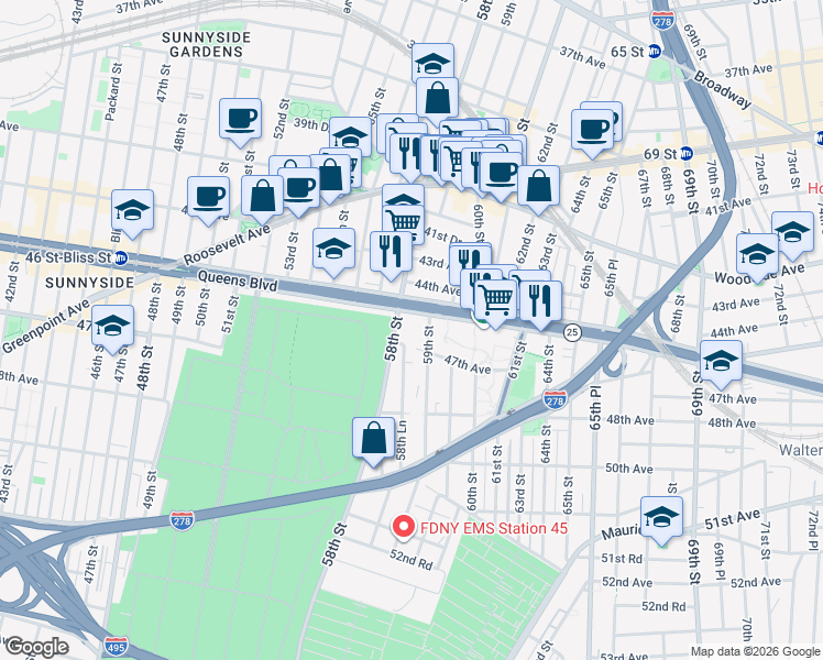 map of restaurants, bars, coffee shops, grocery stores, and more near 58-12 Queens Boulevard in Queens