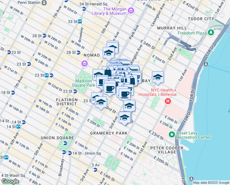 map of restaurants, bars, coffee shops, grocery stores, and more near 68 Lexington Avenue in New York