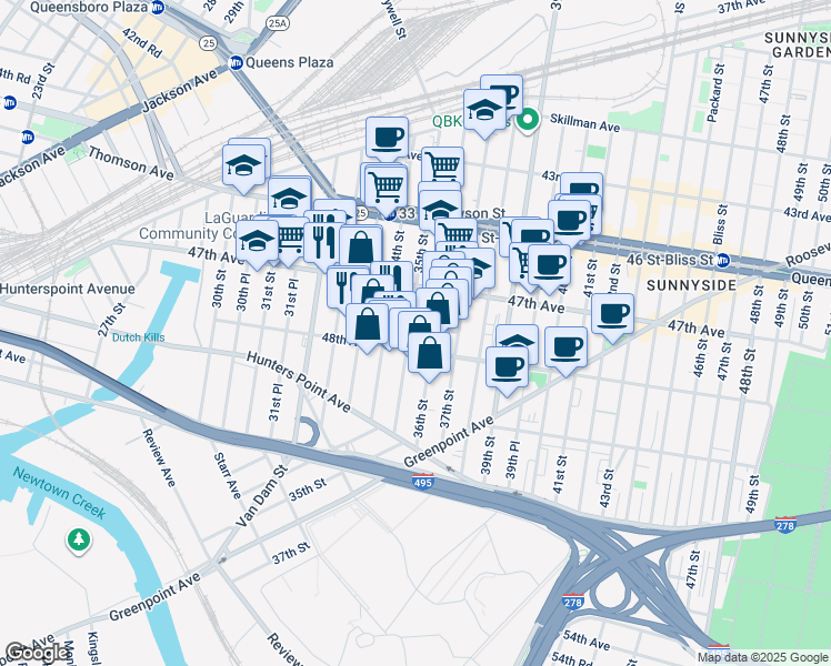 map of restaurants, bars, coffee shops, grocery stores, and more near 47-30 35th Street in Queens