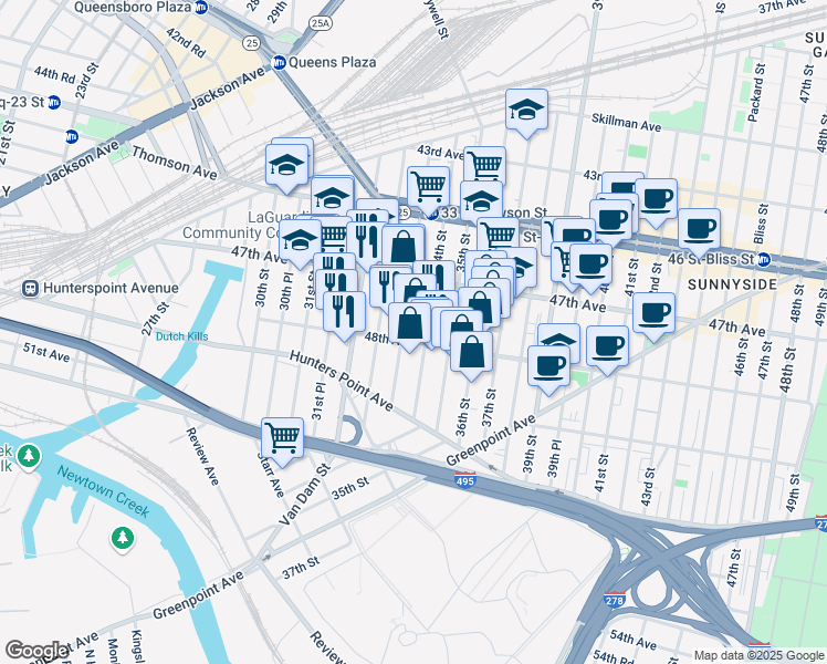 map of restaurants, bars, coffee shops, grocery stores, and more near 47-38 34th Street in Queens