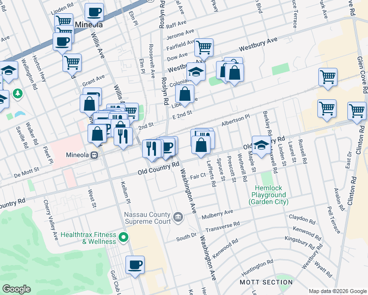 map of restaurants, bars, coffee shops, grocery stores, and more near Birchwood Court in Mineola