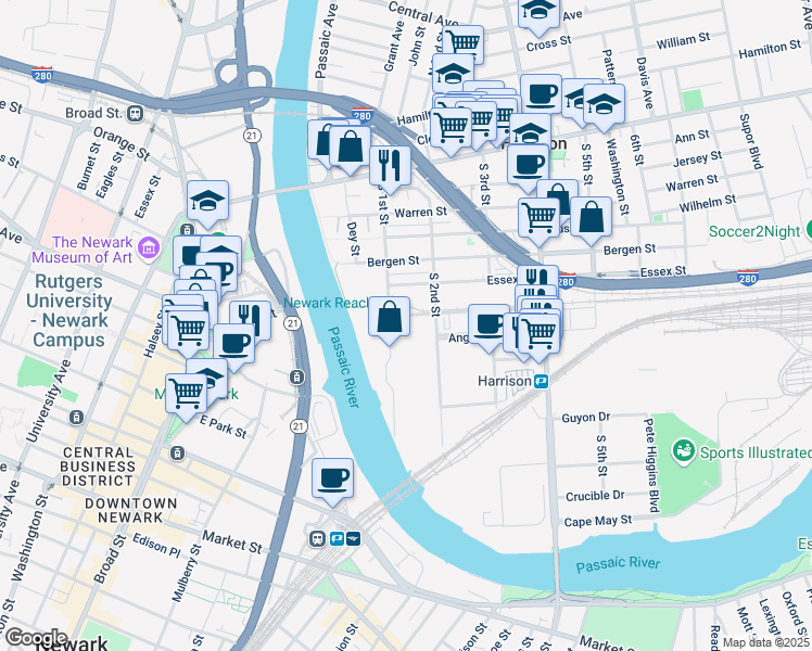 map of restaurants, bars, coffee shops, grocery stores, and more near 13 Railroad Avenue in Harrison