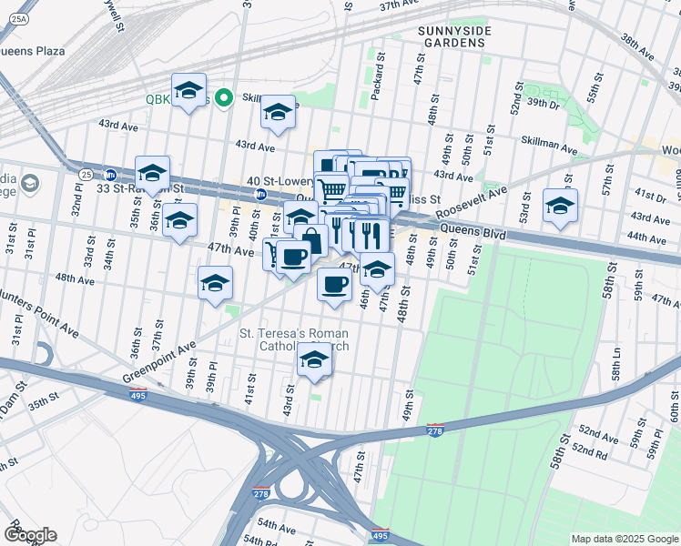 map of restaurants, bars, coffee shops, grocery stores, and more near 44-14 47th Avenue in Queens