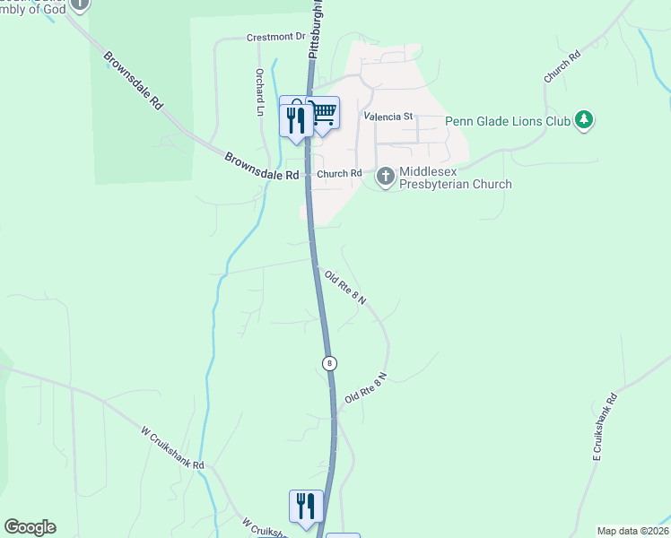 map of restaurants, bars, coffee shops, grocery stores, and more near 6303 Old Route 8 North in Butler
