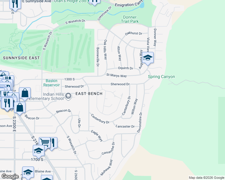 map of restaurants, bars, coffee shops, grocery stores, and more near 2758 Sherwood Drive in Salt Lake City