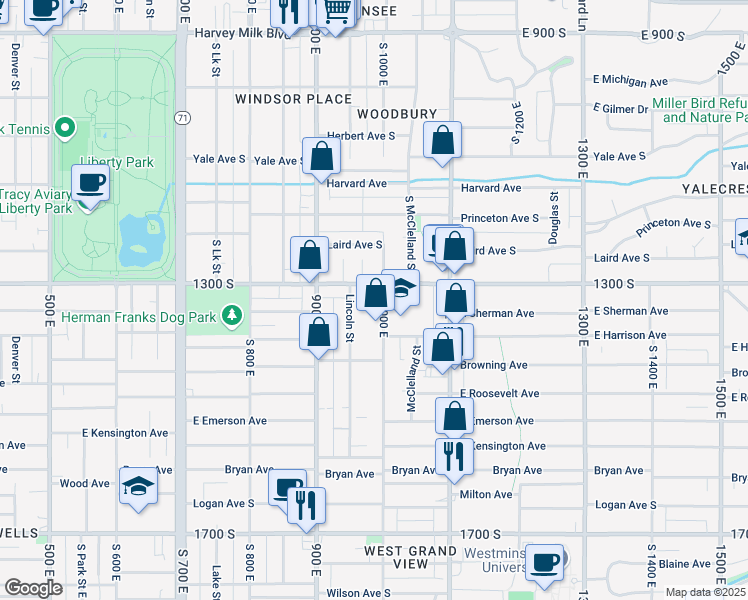 map of restaurants, bars, coffee shops, grocery stores, and more near 1301 South 1000 East in Salt Lake City