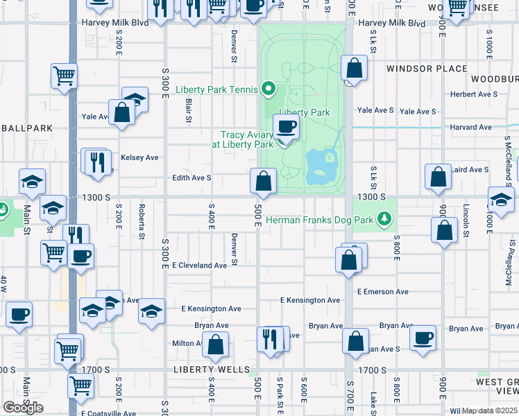 map of restaurants, bars, coffee shops, grocery stores, and more near 520 1300 South in Salt Lake City