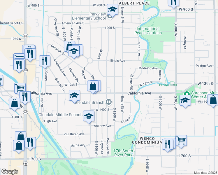 map of restaurants, bars, coffee shops, grocery stores, and more near 1265 Concord Street in Salt Lake City