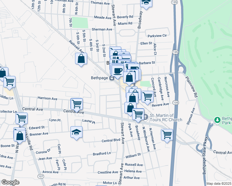 map of restaurants, bars, coffee shops, grocery stores, and more near 497 Stewart Avenue in Bethpage