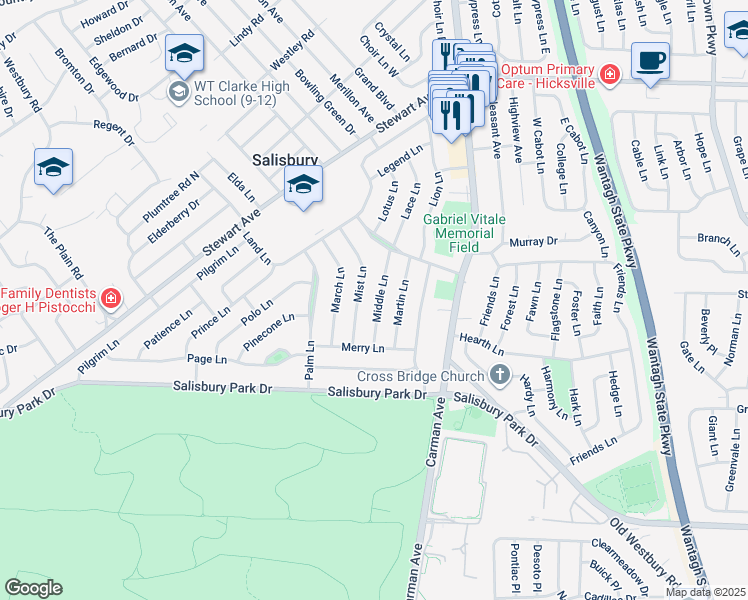 map of restaurants, bars, coffee shops, grocery stores, and more near 40 Mist Lane in Westbury