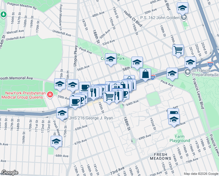 map of restaurants, bars, coffee shops, grocery stores, and more near 58-29 187th Street in Queens