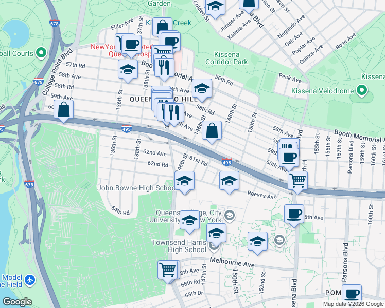 map of restaurants, bars, coffee shops, grocery stores, and more near 142-25 61st Road in Queens
