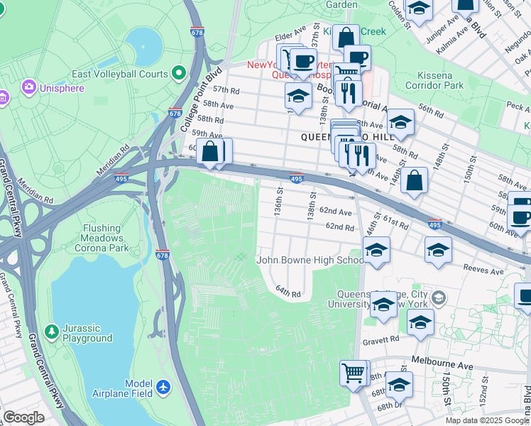 map of restaurants, bars, coffee shops, grocery stores, and more near 135-02 62nd Avenue in Queens