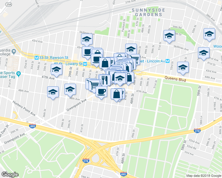 map of restaurants, bars, coffee shops, grocery stores, and more near 44-22 Greenpoint Avenue in Queens