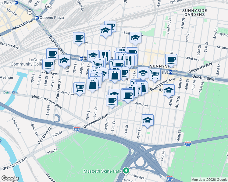 map of restaurants, bars, coffee shops, grocery stores, and more near 47-14 39th Place in Queens