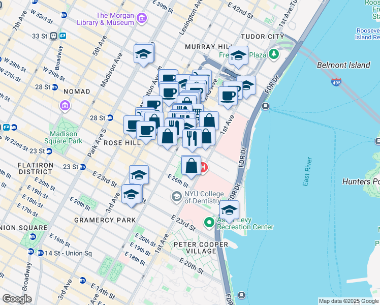 map of restaurants, bars, coffee shops, grocery stores, and more near 323 East 29th Street in New York