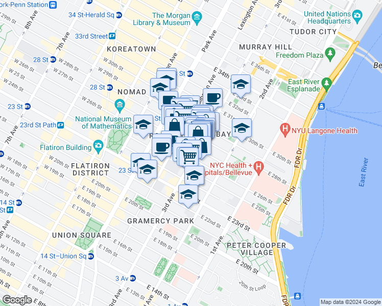 map of restaurants, bars, coffee shops, grocery stores, and more near 376 3rd Avenue in New York