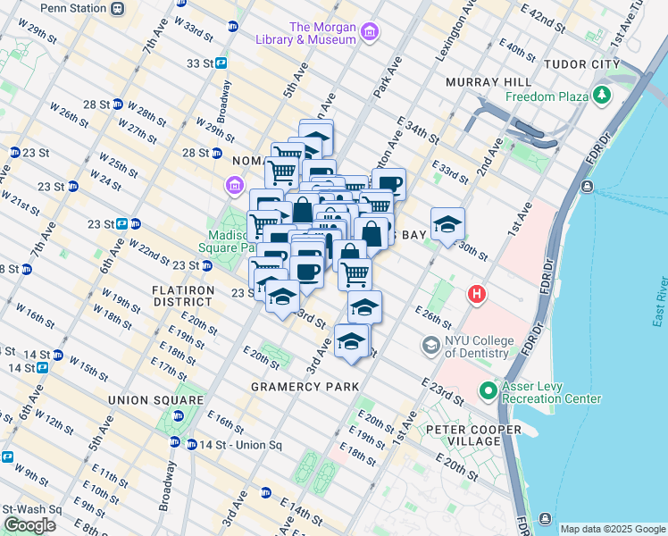 map of restaurants, bars, coffee shops, grocery stores, and more near 68 Lexington Avenue in New York