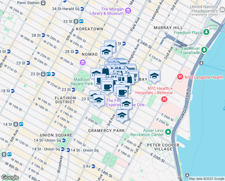 map of restaurants, bars, coffee shops, grocery stores, and more near 68 Lexington Avenue in New York