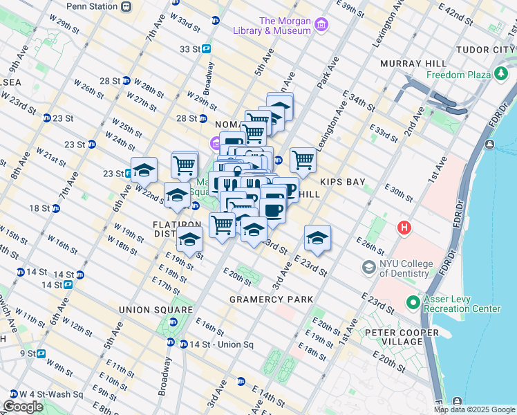 map of restaurants, bars, coffee shops, grocery stores, and more near 340 Park Avenue South in New York