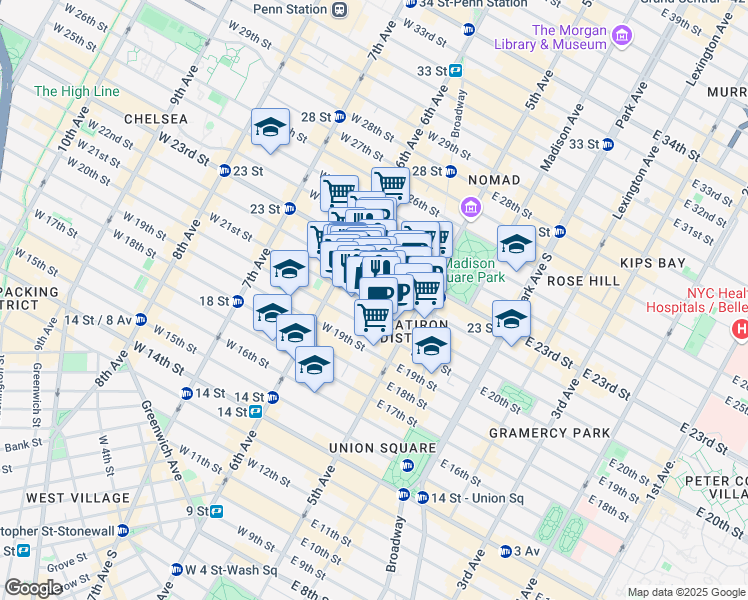 map of restaurants, bars, coffee shops, grocery stores, and more near 32 West 22nd Street in New York