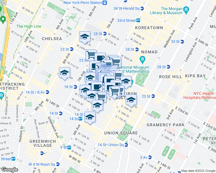 map of restaurants, bars, coffee shops, grocery stores, and more near 54 West 21st Street in New York