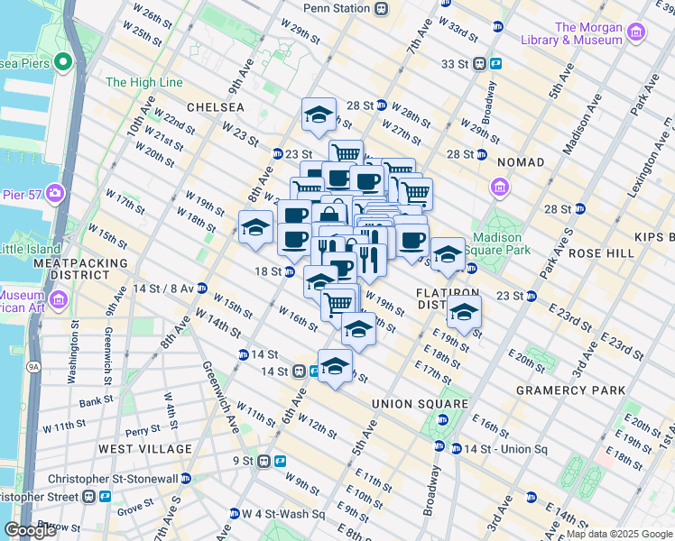 map of restaurants, bars, coffee shops, grocery stores, and more near 121A West 20th Street in New York