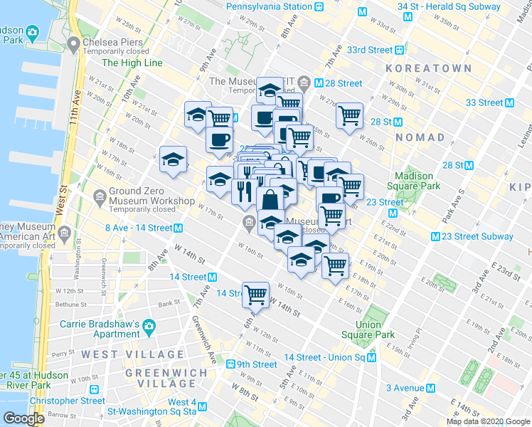 map of restaurants, bars, coffee shops, grocery stores, and more near in New York
