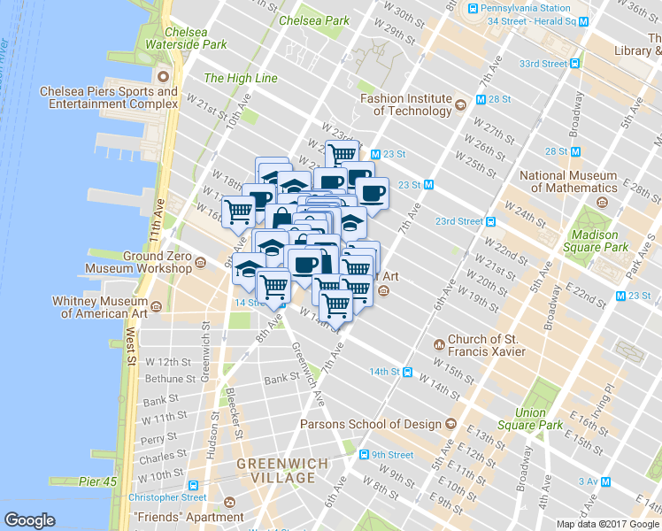 map of restaurants, bars, coffee shops, grocery stores, and more near 146-150 8th Avenue in New York