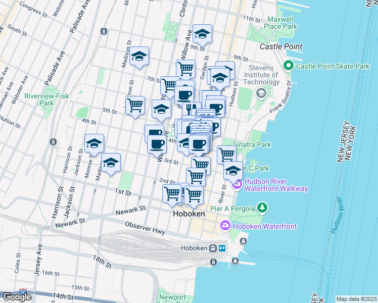 map of restaurants, bars, coffee shops, grocery stores, and more near 167 4th Street in Hoboken