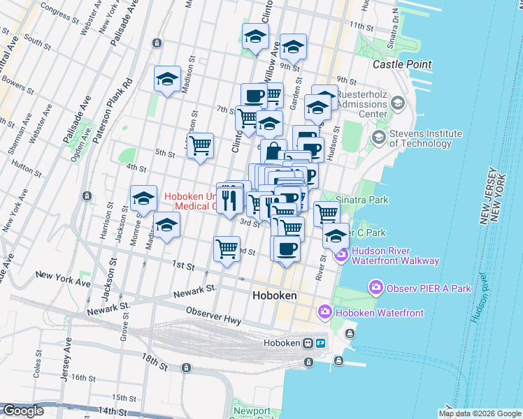 map of restaurants, bars, coffee shops, grocery stores, and more near 336 Park Avenue in Hoboken