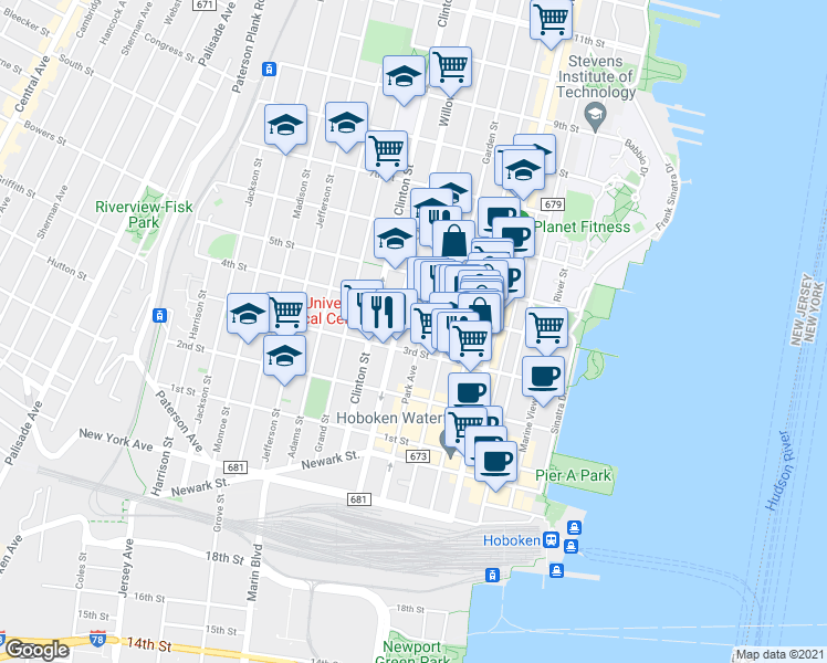 map of restaurants, bars, coffee shops, grocery stores, and more near 336 Park Avenue in Hoboken