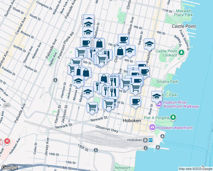 map of restaurants, bars, coffee shops, grocery stores, and more near in Hoboken