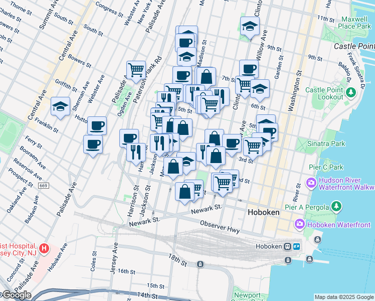 map of restaurants, bars, coffee shops, grocery stores, and more near 300 Madison Street in Hoboken