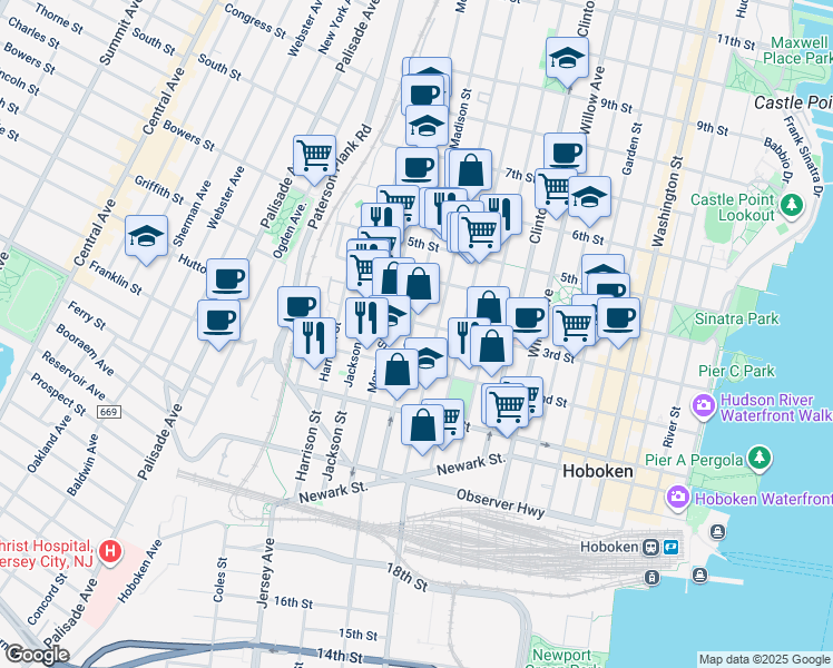 map of restaurants, bars, coffee shops, grocery stores, and more near 300 Madison Street in Hoboken