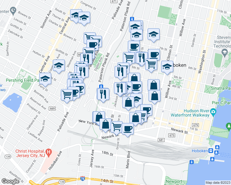 map of restaurants, bars, coffee shops, grocery stores, and more near 210 Harrison Street in Hoboken