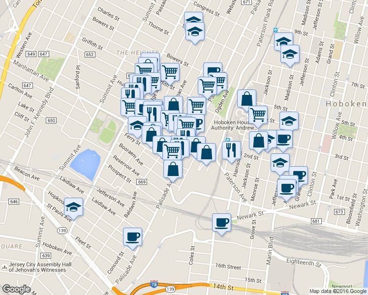 map of restaurants, bars, coffee shops, grocery stores, and more near 398 Palisade Avenue in Jersey City